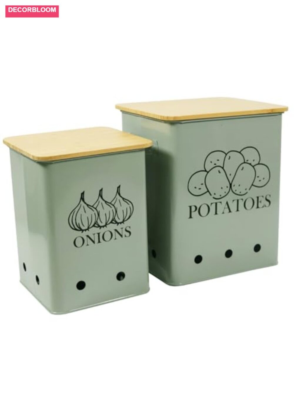 Vegetable Storage Tins Set of 2 Metal Wood Lid Airtight Kitchen Organizer